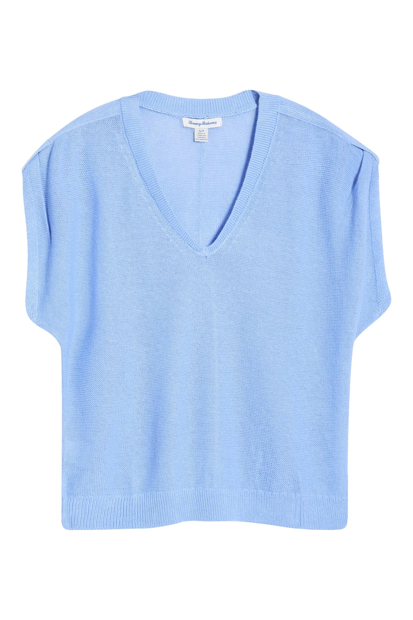 Light blue sleeveless sweater on a white background