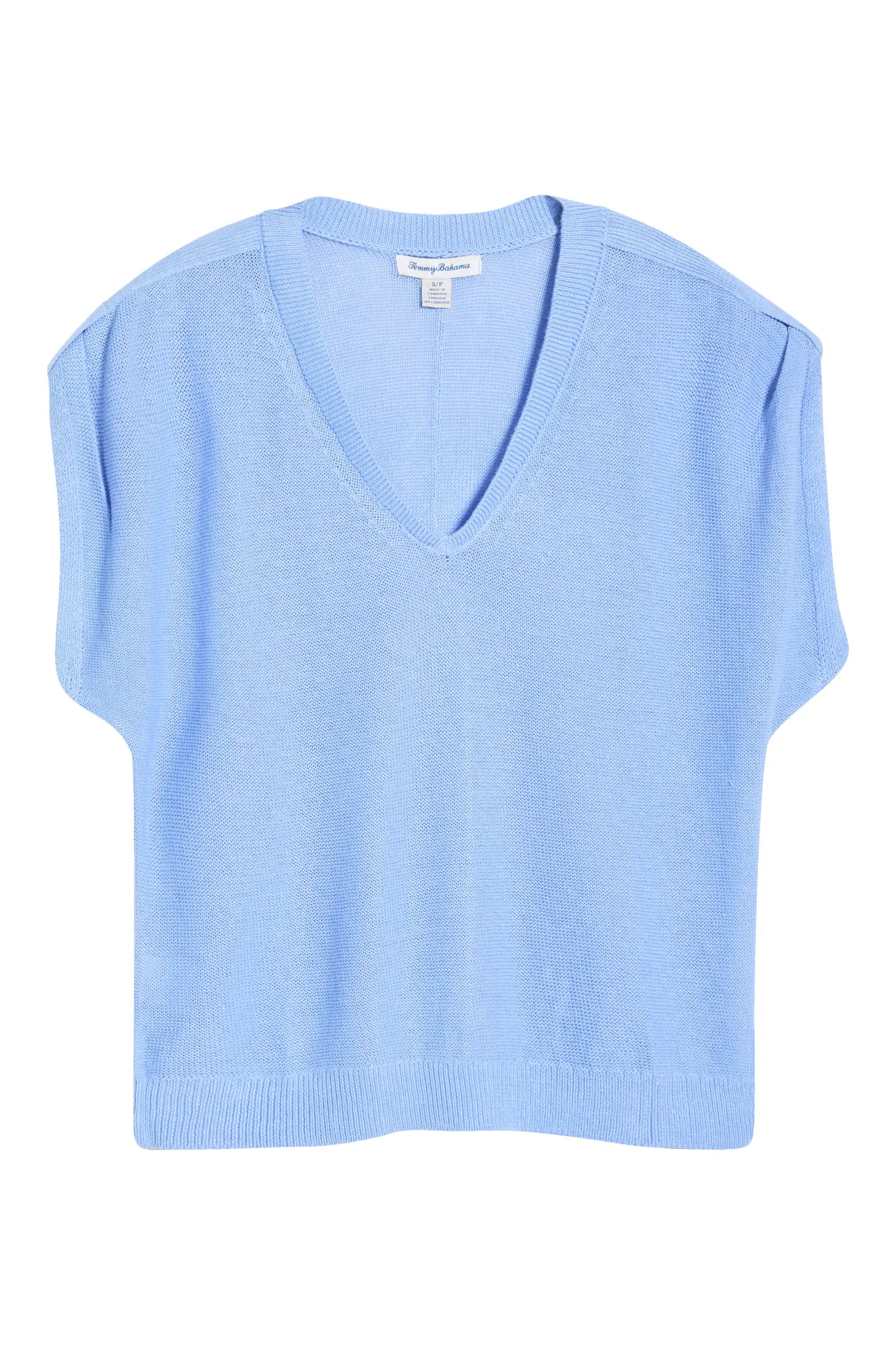Light blue sleeveless sweater on a white background