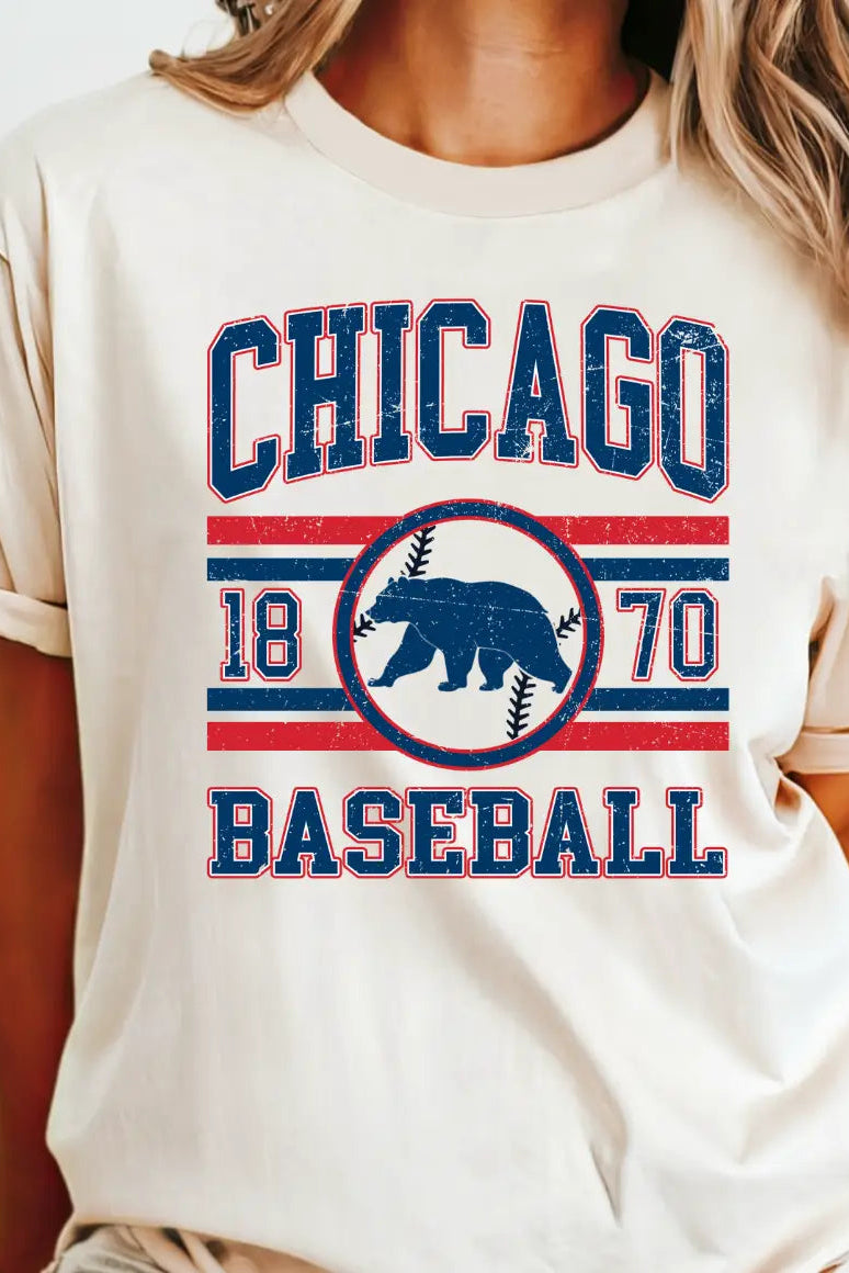 White t-shirt with 'Chicago Baseball' design featuring a bear and numbers.