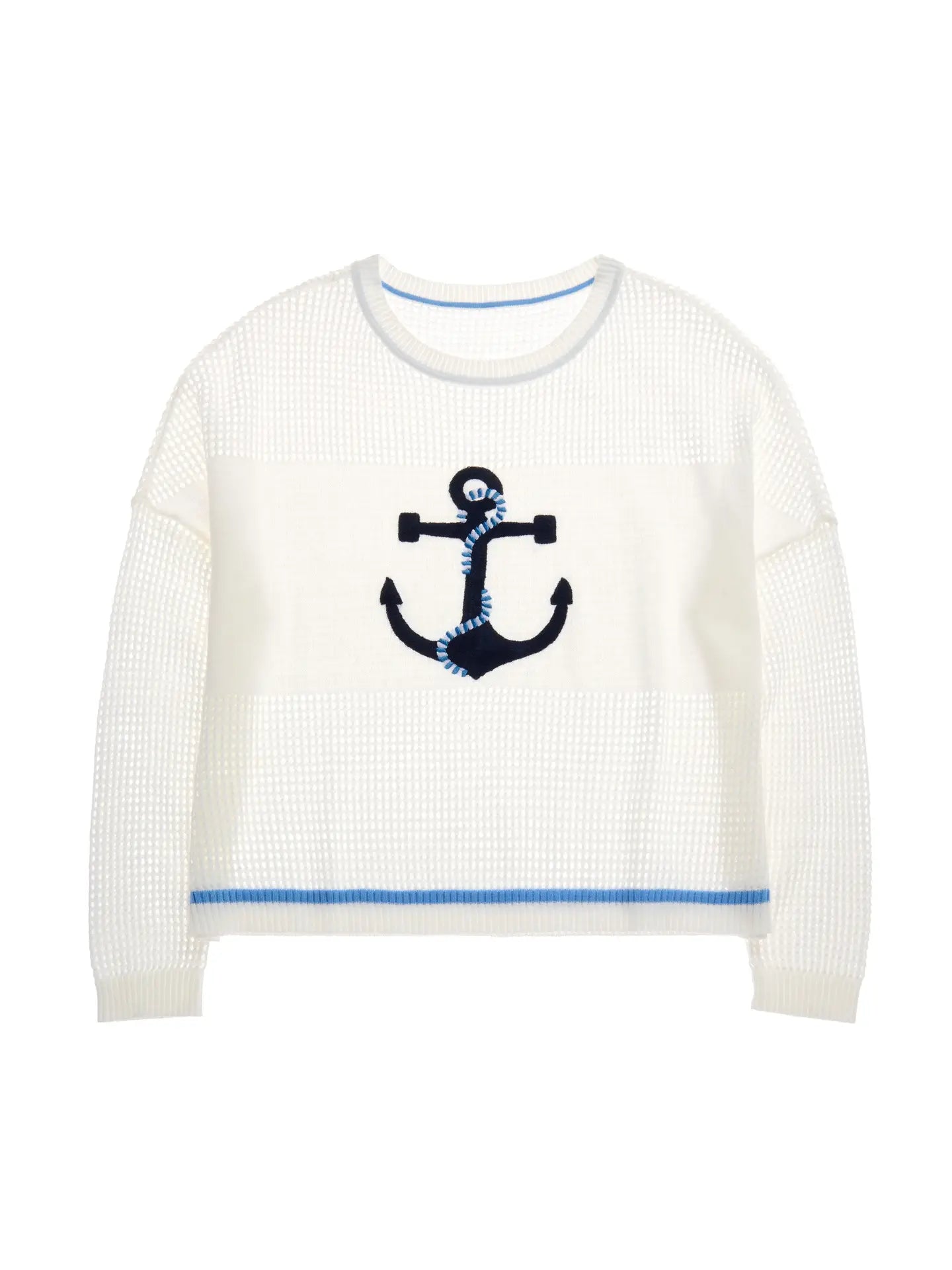 White sweater with an anchor design on a white background