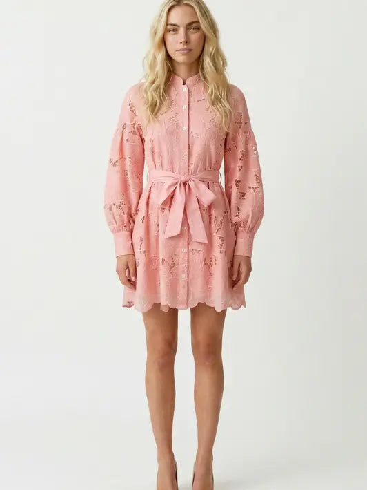 Woman wearing a pink lace dress on a white background