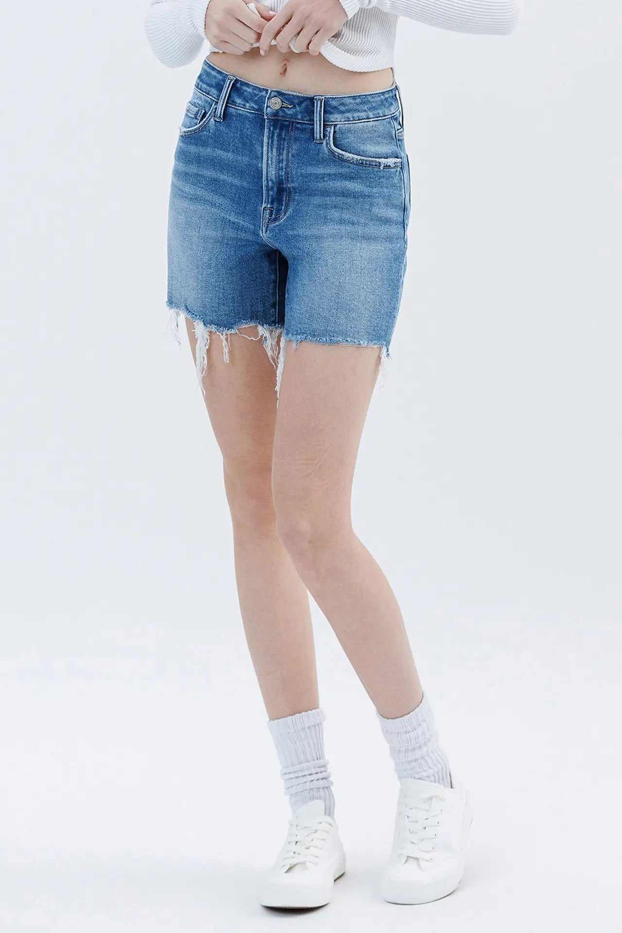 High Rise Raw Hem Boyfriend Shorts