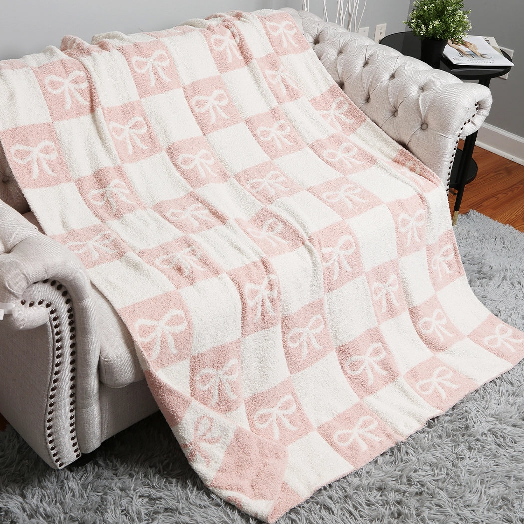 Ribbon and Checkered Cozy Soft Throw Blanket