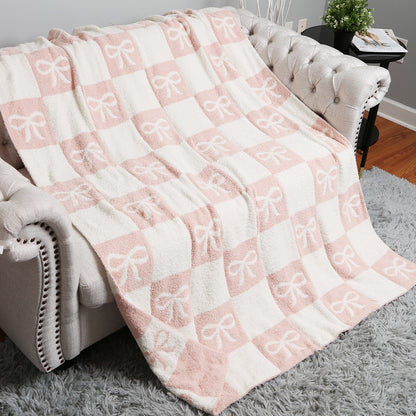 Ribbon and Checkered Cozy Soft Throw Blanket