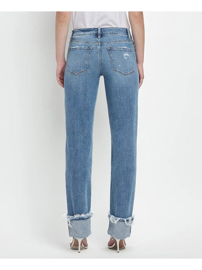 Mid Rise Cuffed Straight Jeans