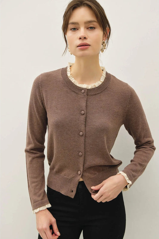 woman in lace trim cardigan
