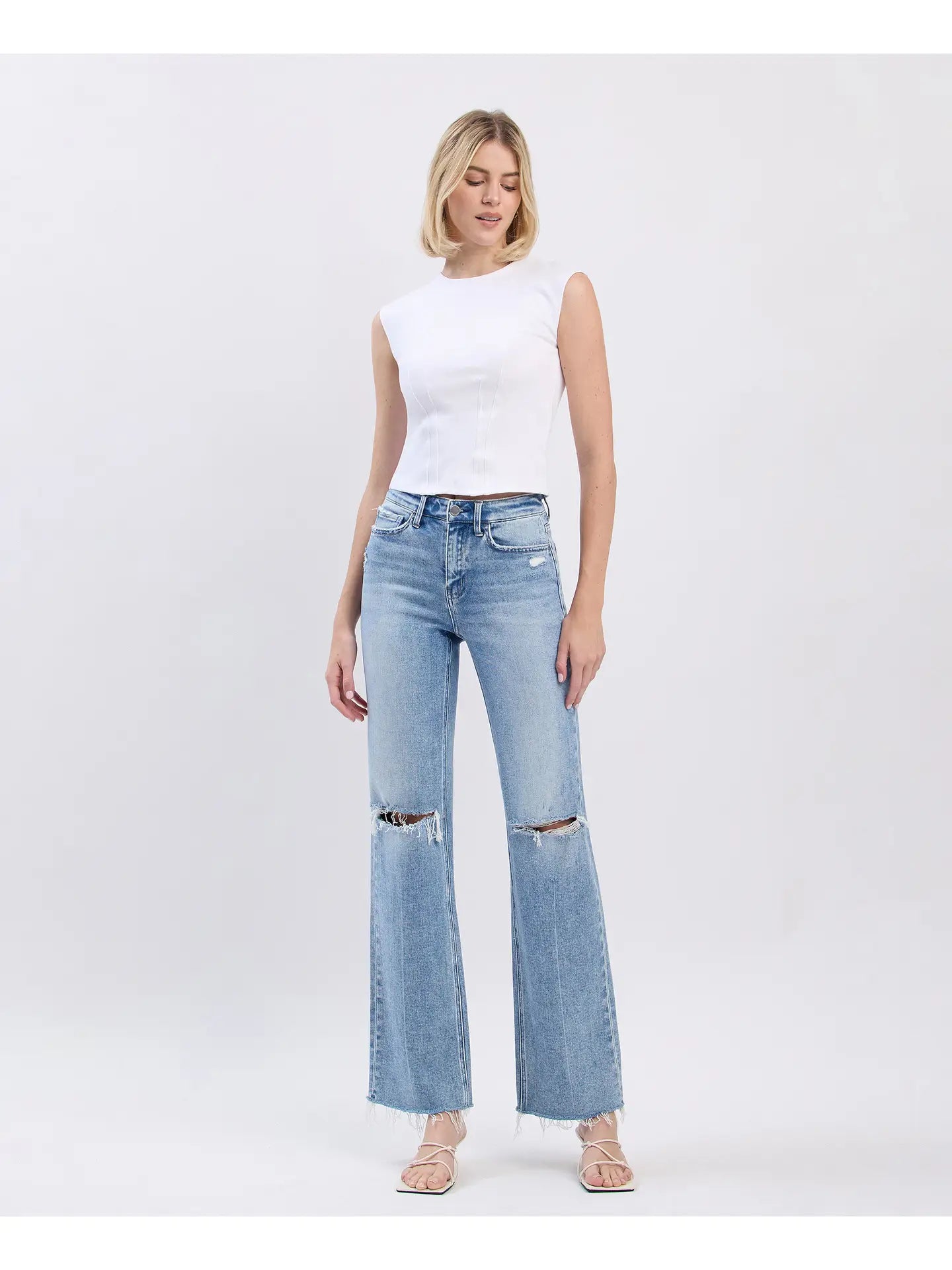 High Rise Distressed Slim Wide Jeans