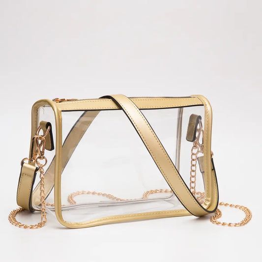 Clear handbag with gold frame and chain strap on a light gray background
