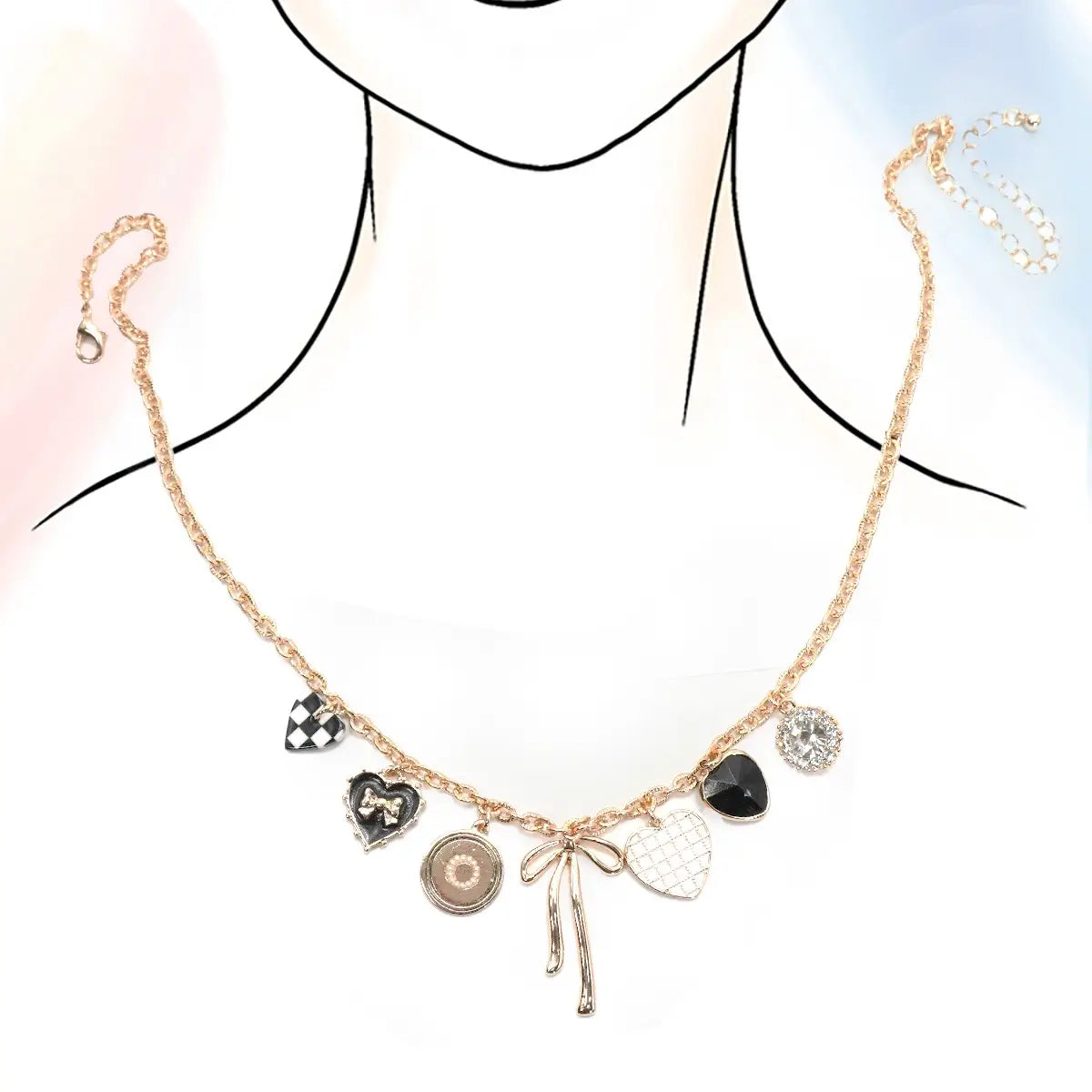 Charm Necklace-Bow Checker Heart Rhinestone