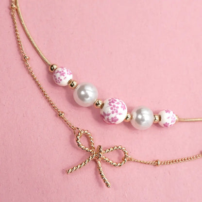 Pink Ceramic Porcelain Pearl Bow Layer Necklace