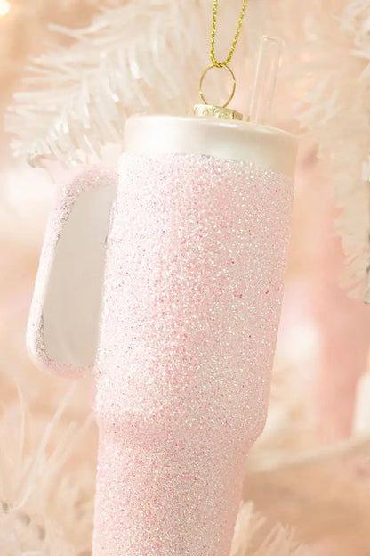 Pink Glittered Trendy Tumbler Christmas Ornament
