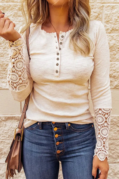 Crochet Lace Hem Sleeve Button Top