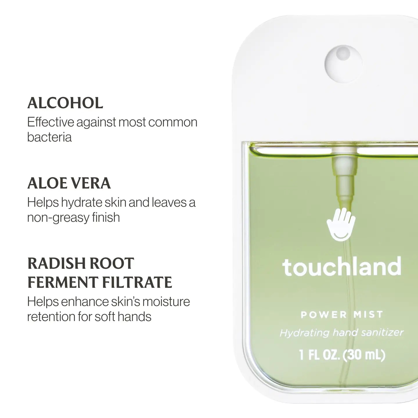Touchland power mist hand sanitizer packaging with ingredients listed on a white background