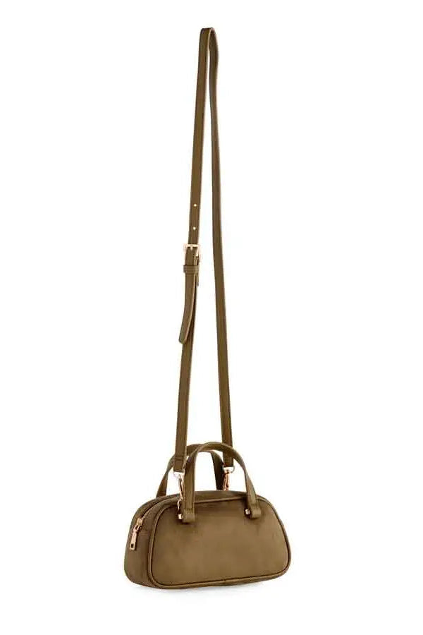 A small dome-shaped crossbody handbag in olive green with a matching adjustable shoulder strap and gold-tone hardware, shown against a plain white background.