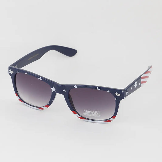 Sunglasses with American flag design on a white background