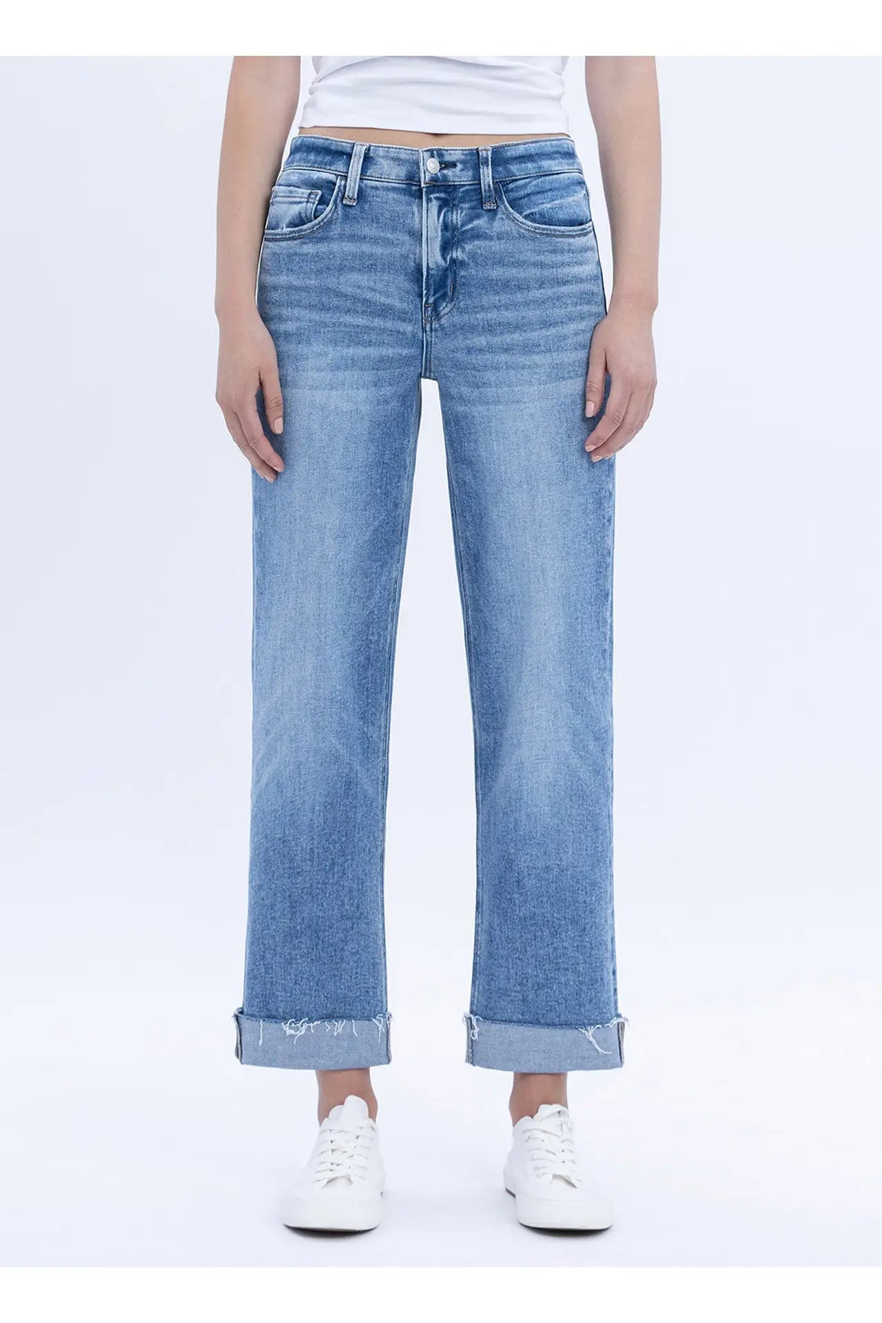 High Rise Cuffed Crop Straight Jeans