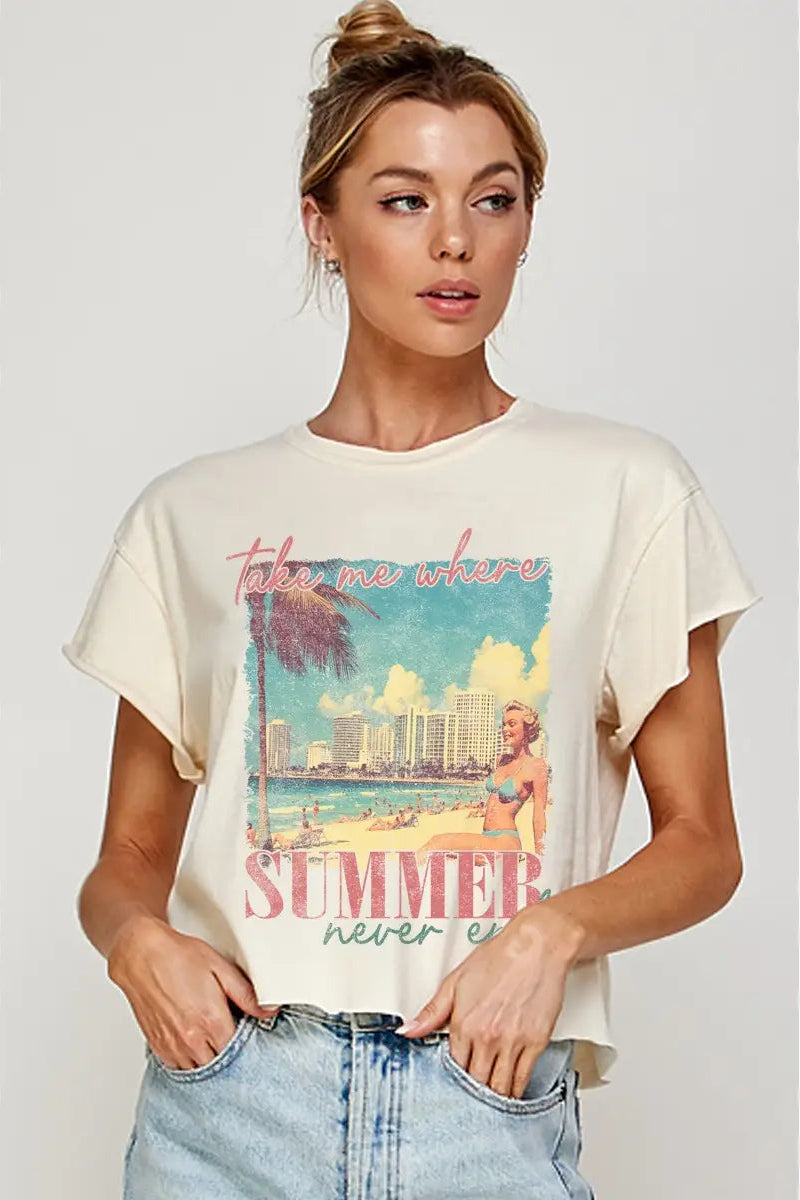 woman wearing summer graphic tee cropped