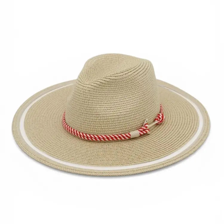 Beige straw hat with a red and white striped band on a white background