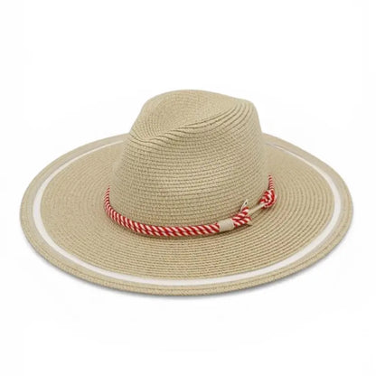 Beige straw hat with a red and white striped band on a white background