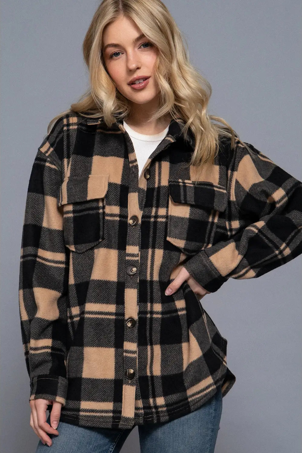 woman in plaid shacket
