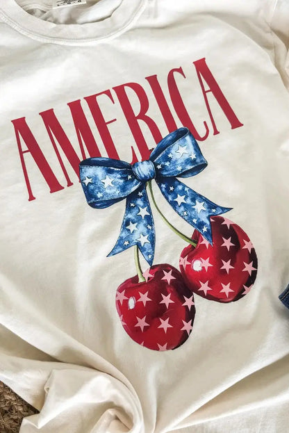 White sweatshirt with 'AMERICA' text, blue bow, and red cherries with white stars on a white background.