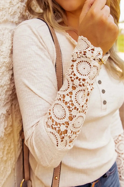 Crochet Lace Hem Sleeve Button Top