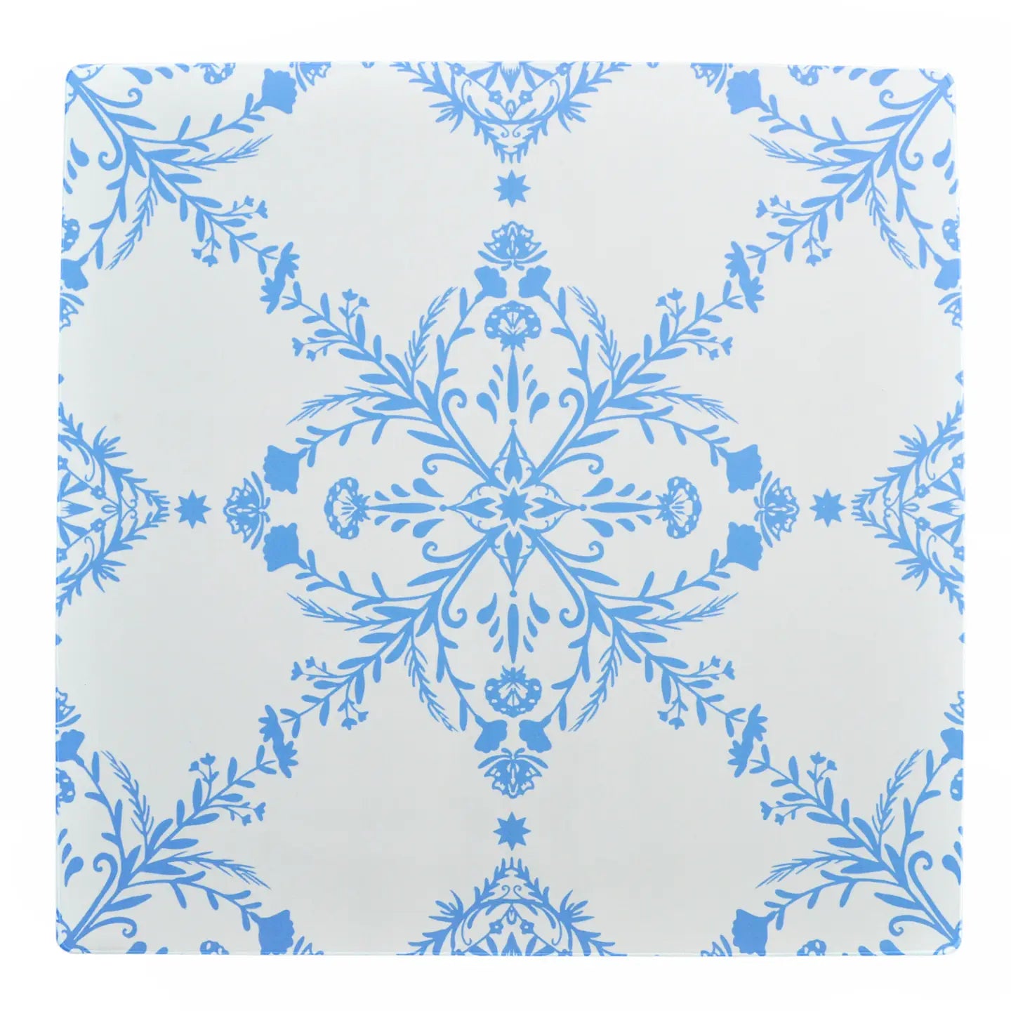 A square decorative tile or coaster featuring a classic blue and white damask pattern, shown flat against a clean white background.