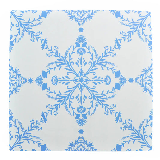 A square decorative tile or coaster featuring a classic blue and white damask pattern, shown flat against a clean white background.