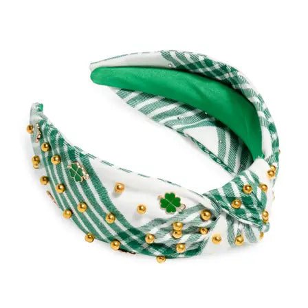 Green and white checkered headband with gold beads on a white background