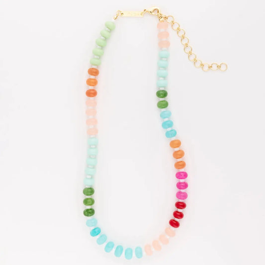 Colorful beaded necklace with a gold chain on a white background