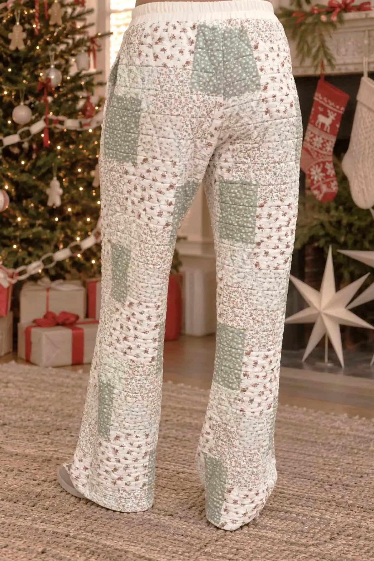 person in quilted pants