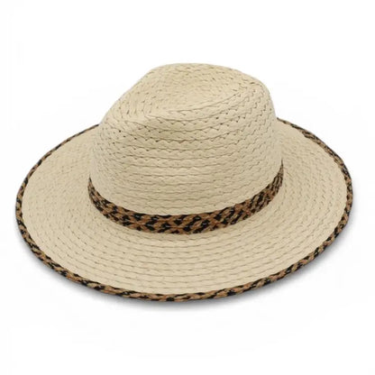 Beige straw hat with a braided band on a white background