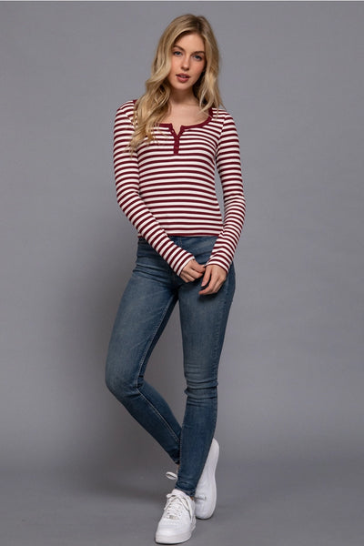 Henley Neck Stripe Brushed Rib Top