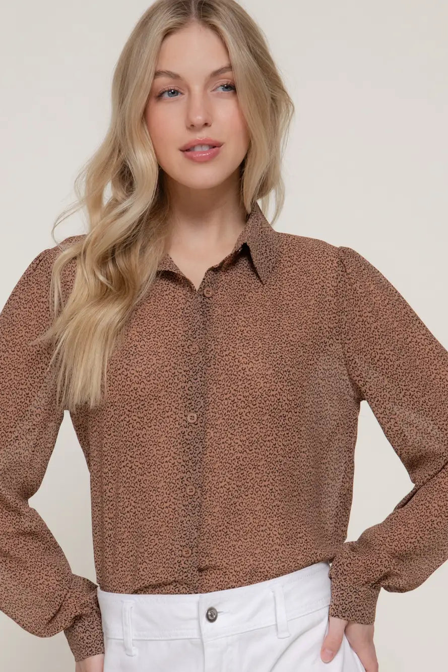 woman in printed blouse