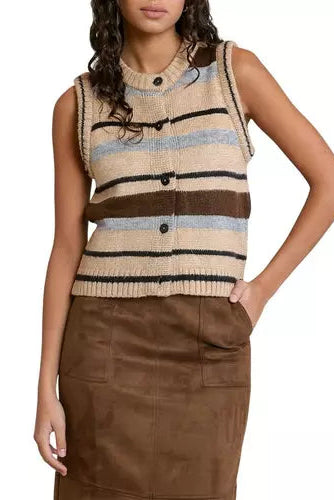 A woman wearing a sleeveless knit button-front sweater vest with horizontal beige, brown, black, and light blue stripes, paired with a brown skirt, against a plain white background.