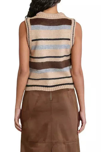 A woman shown from the back wearing a sleeveless knit sweater vest with horizontal stripes in beige, brown, black, and light blue, paired with a brown skirt against a white background.