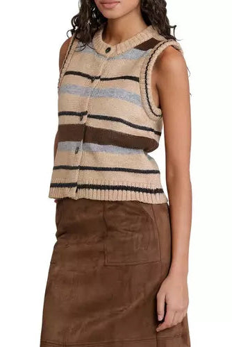 A woman wearing a sleeveless knit button-front vest with horizontal beige, brown, black, and light blue stripes, paired with a brown skirt, against a plain white background.