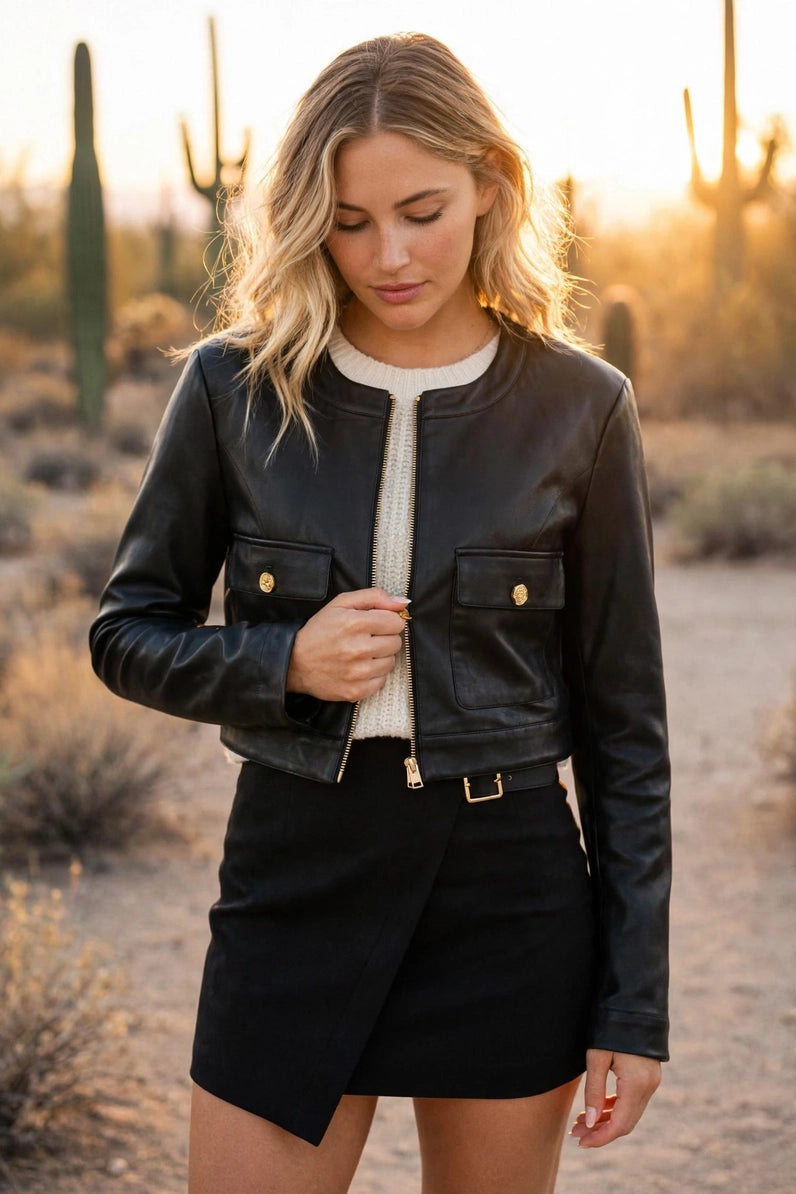woman in cropped leather jacket and skirt 
