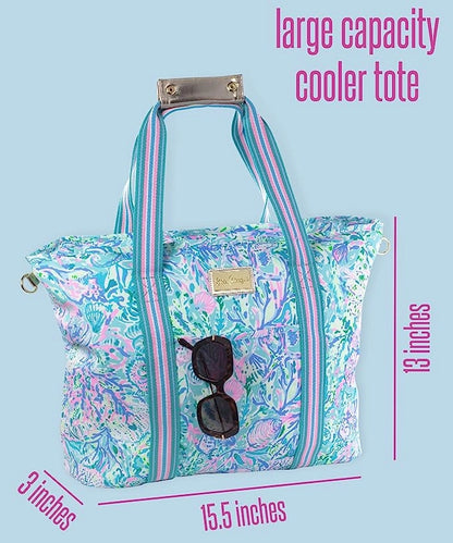 Floral patterned cooler tote with sunglasses on a light blue background, showing dimensions.