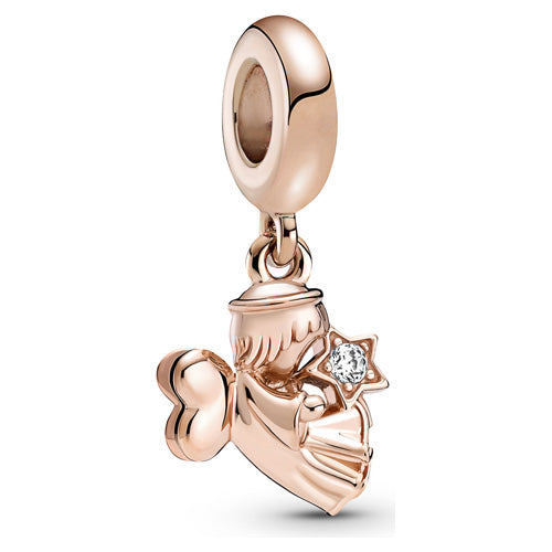 A rose gold charm dangle featuring a cherub holding a star with a clear crystal, alongside a small heart, on a clean white background.