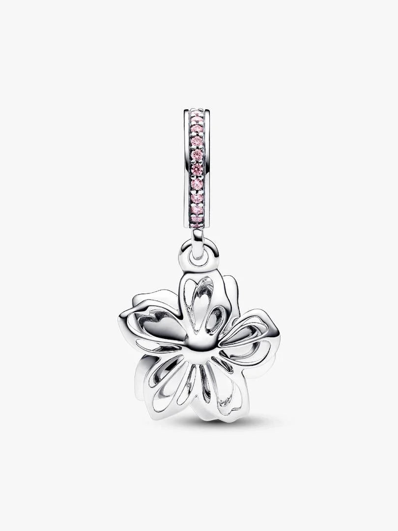 Silver butterfly pendant with pink gemstones on a white background