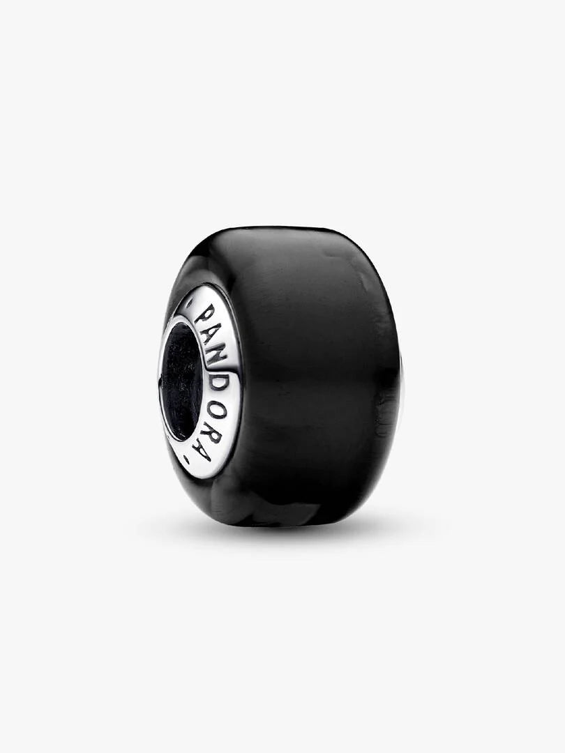 A single Pandora charm bead with a glossy black body and a silver-toned inner ring featuring the Pandora logo, shown on a clean white background.