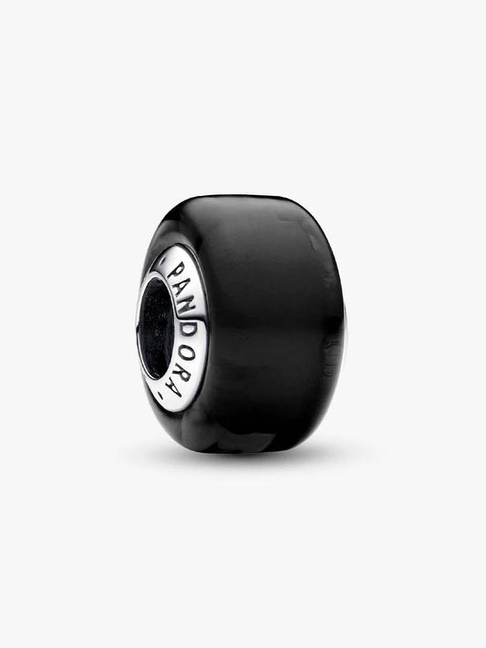 A single Pandora charm bead with a glossy black body and a silver-toned inner ring featuring the Pandora logo, shown on a clean white background.