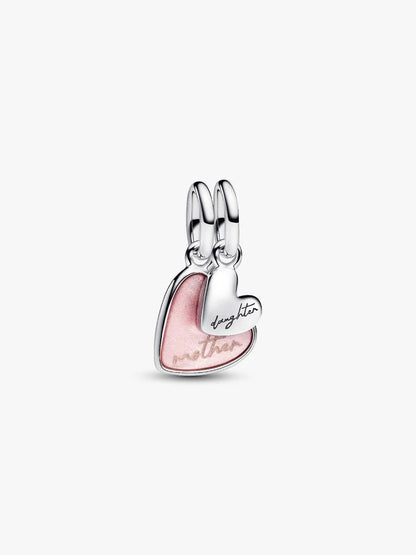 Heart-shaped charm with pink enamel and 'daughter' and 'mother' text on a white background