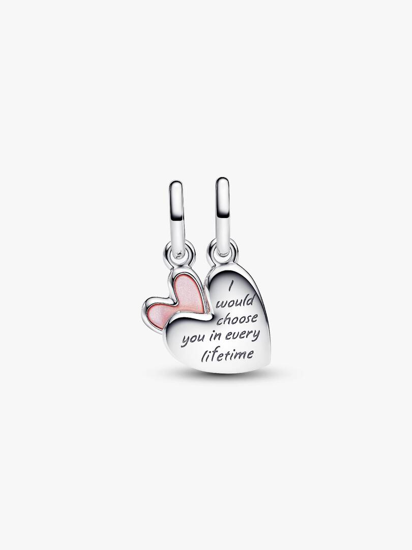 Heart-shaped earrings with pink heart and engraved text on a white background