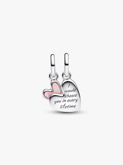 Heart-shaped earrings with pink heart and engraved text on a white background