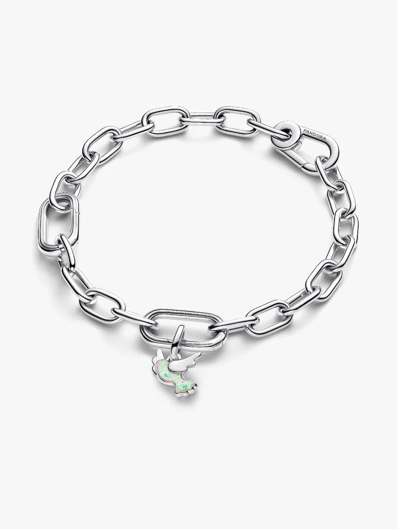 Silver chain bracelet with a pearl charm on a white background