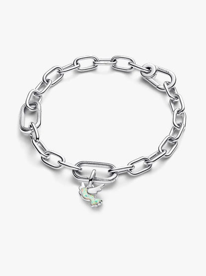 Silver chain bracelet with a pearl charm on a white background