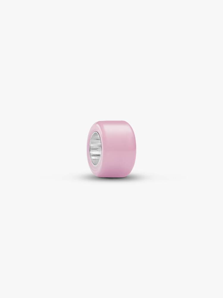 A single light pink cylindrical bead charm with a silver-toned metallic interior, centered on a clean white background.