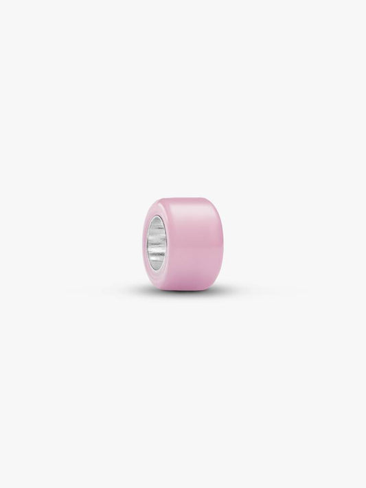 A single light pink cylindrical bead charm with a silver-toned metallic interior, centered on a clean white background.